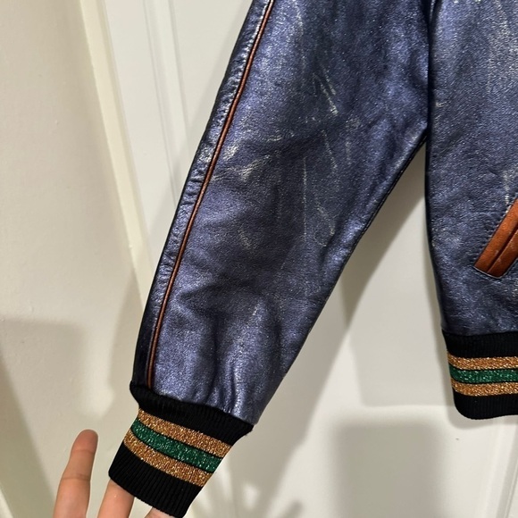Coach Shrunken Leather Varsity Jacket In Metallic Cadet Blue I Size 2 - Picture 10 of 16